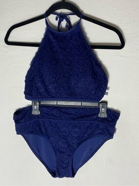 La Vie En Rose Navy Blue Lace Overlay High Neck Halter Style Bikini Set M